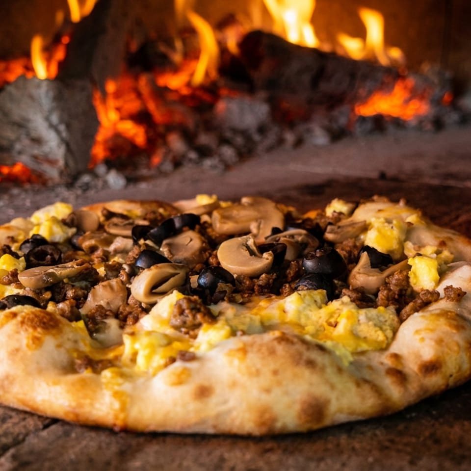 Wood-fired pizza topped with scrambled eggs, mushrooms, black olives, and crumbled sausage sits before glowing flames.