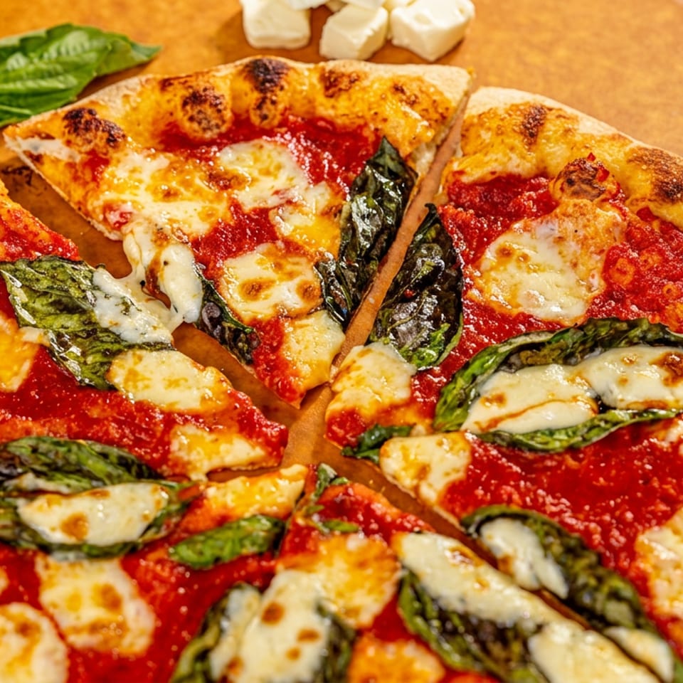Sliced Margherita pizza with tomato sauce, melted mozzarella, and fresh basil on a wooden table beside a pizza cutter.