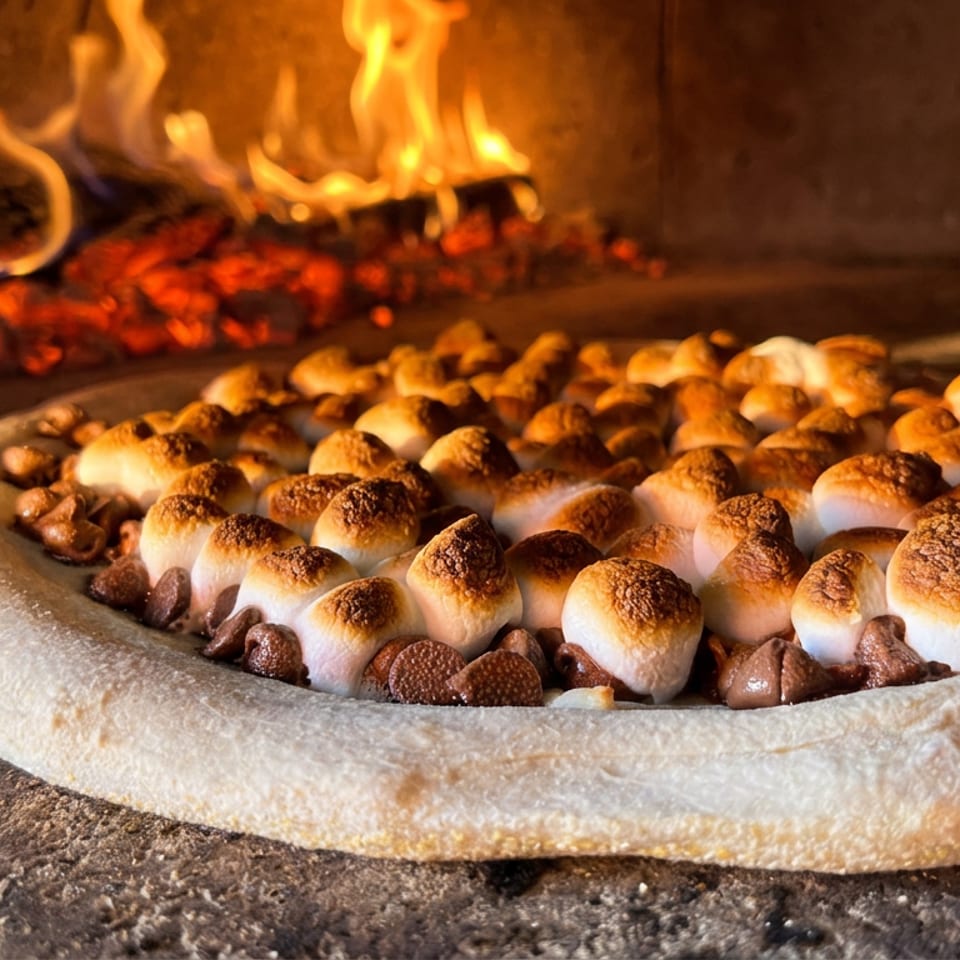 Wood-fired dessert pizza topped with toasted marshmallows and chocolate chips, shown in front of glowing oven flames.